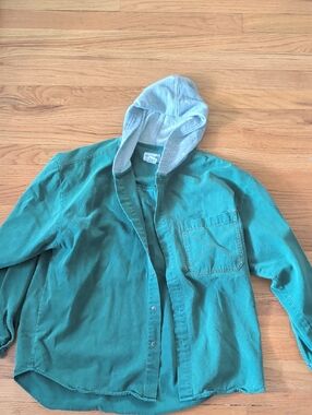 Vintage Green Hooded Button-Up Shirt Jacket 100% Cotton